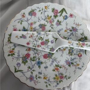 Cake Stand Platter & Server Set Andrea by Sadek Scalloped Edge Floral Gold Trim